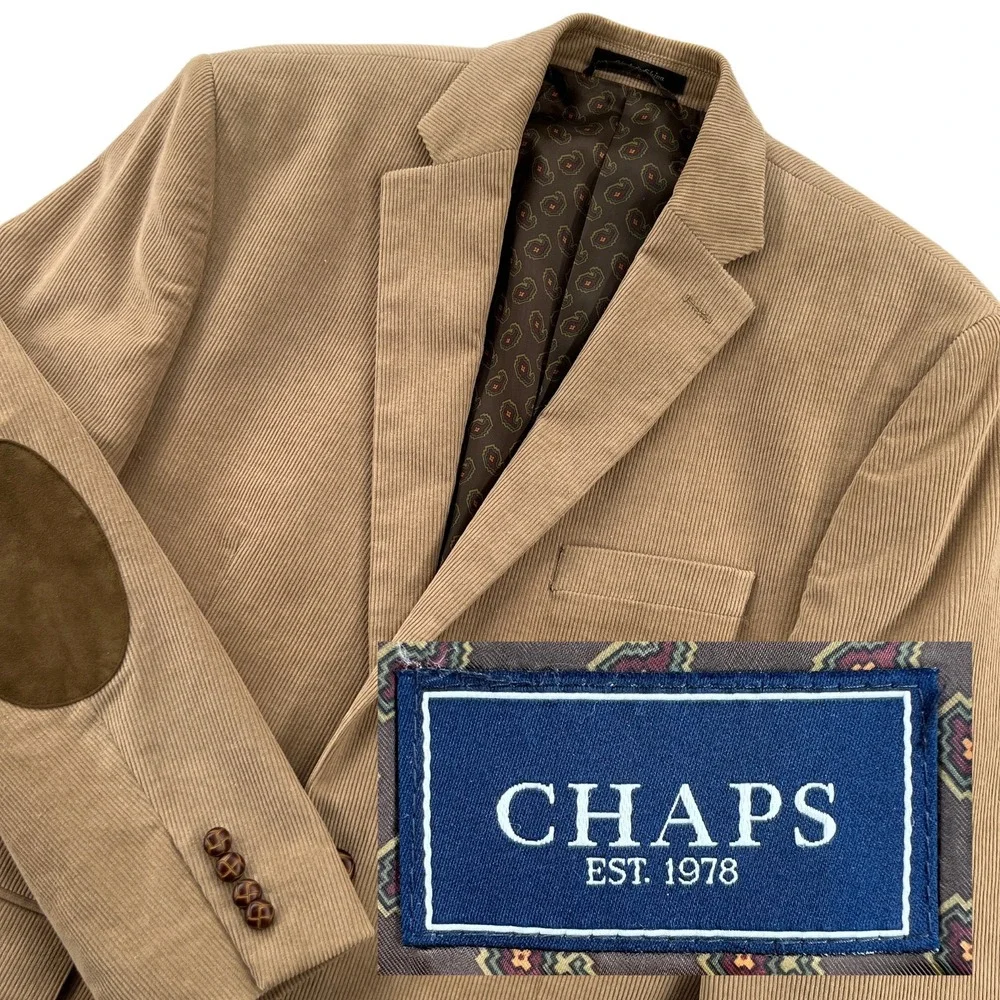 Chaps Mens 44R Corduroy Blazer Sport Coat Tan Beige Suede Elbow Patches Academia